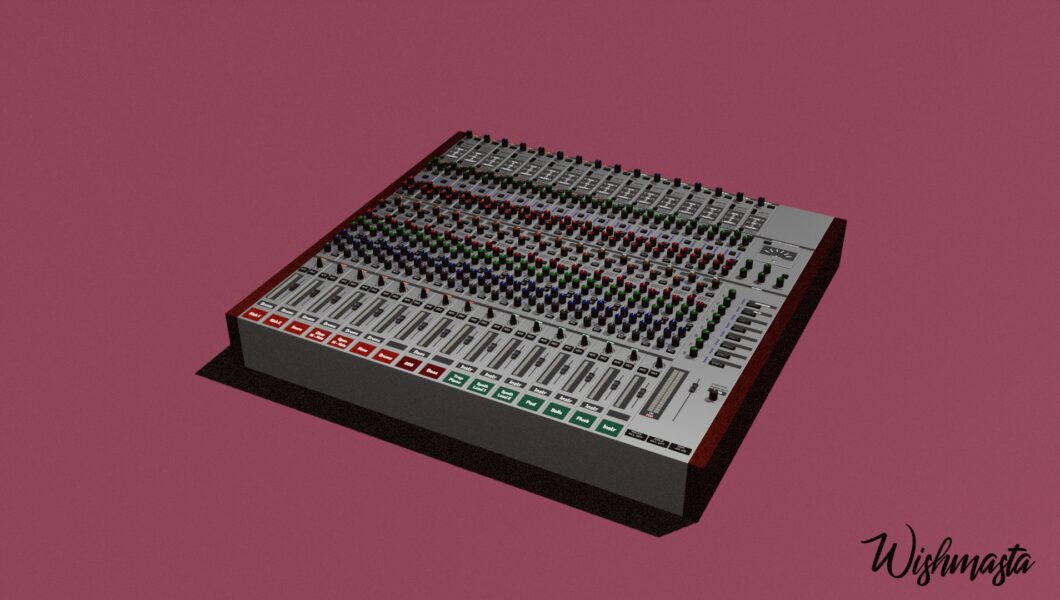 A 3D model of a mixer in the style of Reason Studios, with elements of the aesthetics of the anime "Akira" and Golden Hip-Hop.