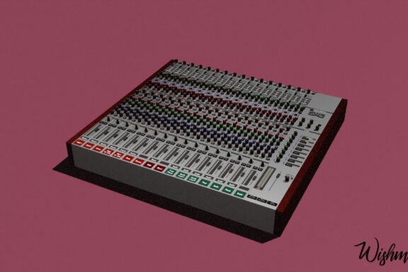 A 3D model of a mixer in the style of Reason Studios, with elements of the aesthetics of the anime "Akira" and Golden Hip-Hop.