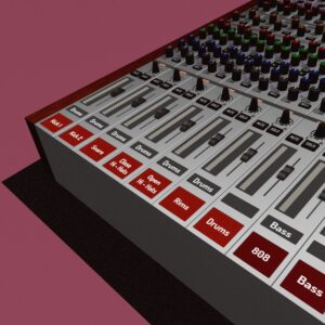 A 3D model of a mixer in the style of Reason Studios, with elements of the aesthetics of the anime "Akira" and Golden Hip-Hop.