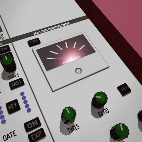 A 3D model of a mixer in the style of Reason Studios, with elements of the aesthetics of the anime "Akira" and Golden Hip-Hop.