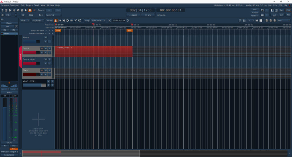 Standard Die Hard skin for Ardour: a dark professional workspace with red accents on drum tracks and timeline.