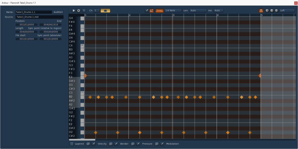 Ardour Die Hard piano roll editor: high-contrast dark grid with orange diamond-shaped MIDI notes and clear note names.