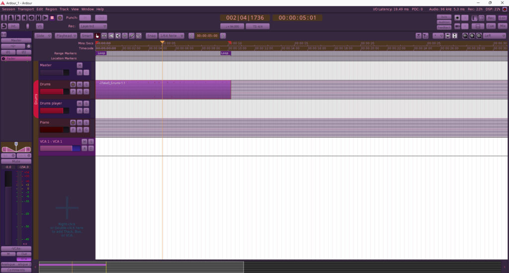 Exclusive "Smoky Summer Nights" custom theme for Ardour DAW: a deep violet workspace with soft purple gradients and neon pink accents.