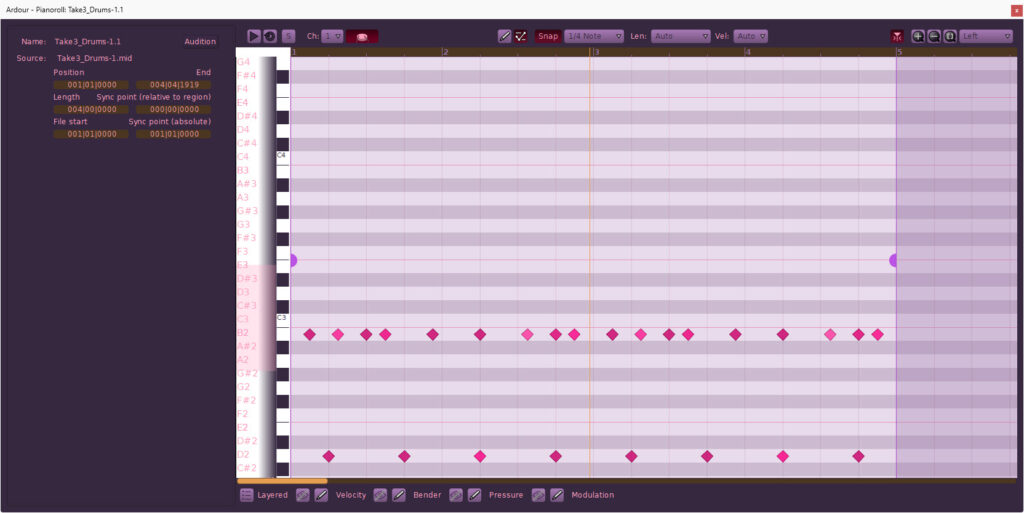 Ardour "Smoky Summer Nights" piano roll: high-visibility drum pattern editor with vibrant pink markers on a deep purple grid.